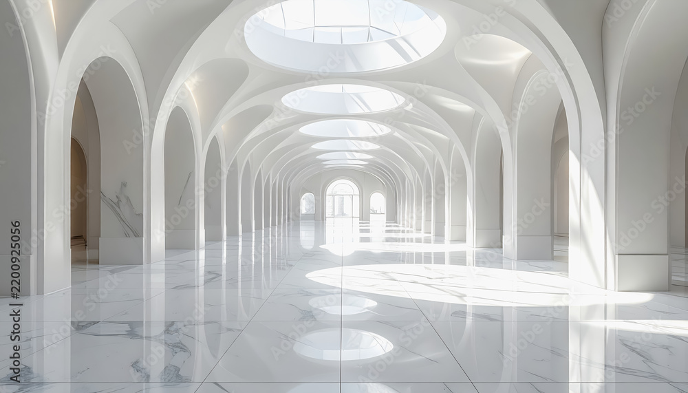 Fototapeta premium Modern minimalist white arched interior with skylights and marble floor