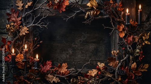 Spooky Halloween decorative frame featuring black candles and autumn foliage against a dark rustic wood and stone background for copy space.