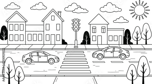 Cityscape Illustration with Houses, Cars, and a Traffic Light. Minimalist Line Art Design