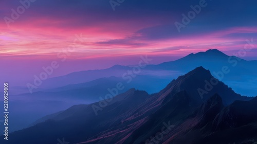 Serene Mountain Landscape with Colorful Sunset Over Hills