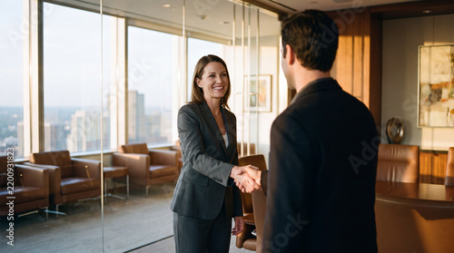 Smiling Businesswoman Shaking Hands in Office