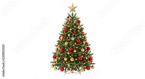 Decorated Christmas tree with red and gold baubles