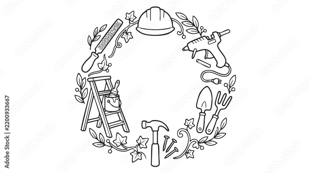 Naklejka premium tools arranged in a circular wreath design with foliage