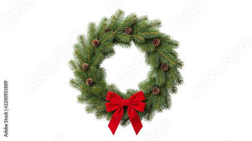 Traditional Christmas pine wreath with red bow