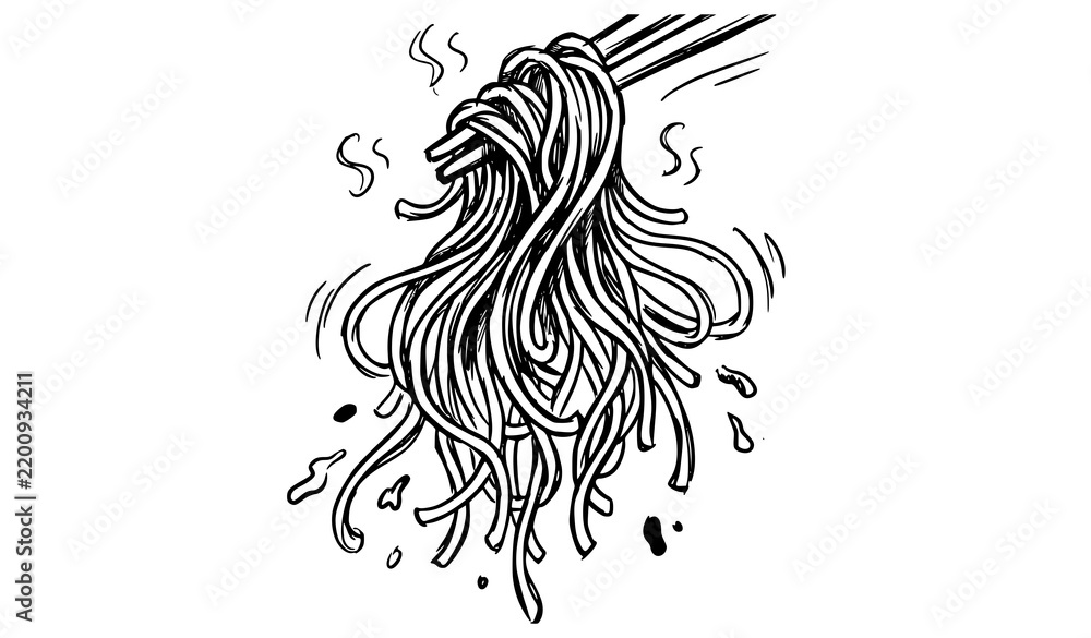 Fototapeta premium Noodles lifted with chopsticks steaming hand drawn black and white sketch vector illustration asian food design