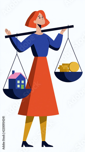 Balancing Act: A woman illustrates the concept of weighing personal and financial priorities, holding a scale that balances a house with coins.
