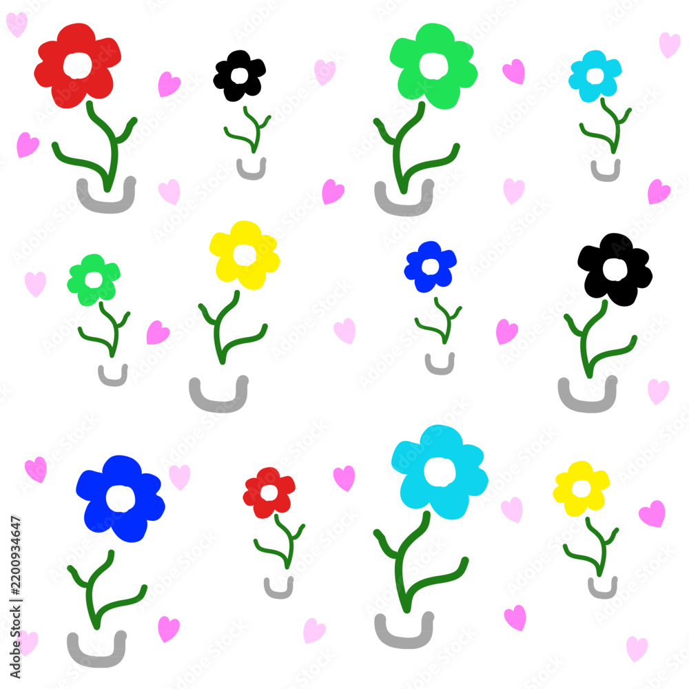 Colorful cute potted flower pattern with hearts for yukata kimono ...