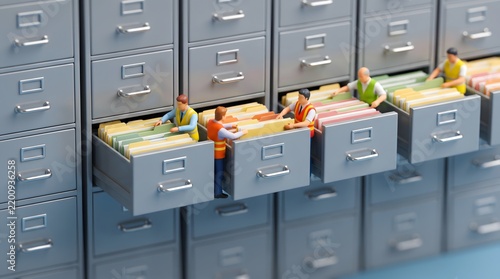 Miniature workers organizing files in a large archive cabinet data management and record keeping concept