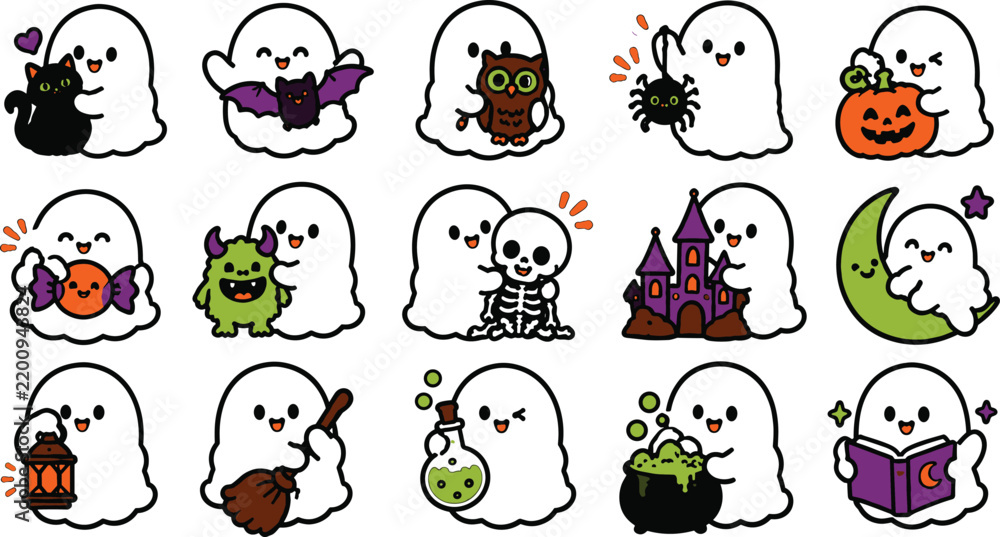 Obraz premium Cute Halloween Ghost Character Collection, Cartoon Spooky Mascots With Cat, Bat, Witch, Pumpkin, Castle And Magic Themes Illustration