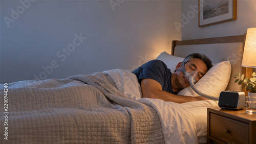 Adult sleeping comfortably with cpap mask and bedside breathing device in a calm home bedroom at night illustrating sleep apnea therapy respiratory support rest and everyday nighttime care