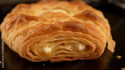 Close-up of golden brown flaky puff pastry filled with creamy white cheese or sweet cream filling, freshly baked and appetizing.
