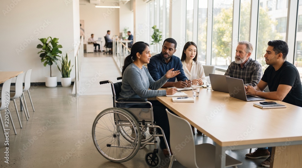 Fototapeta premium Diverse business team including wheelchair user collaborating in a modern accessible office