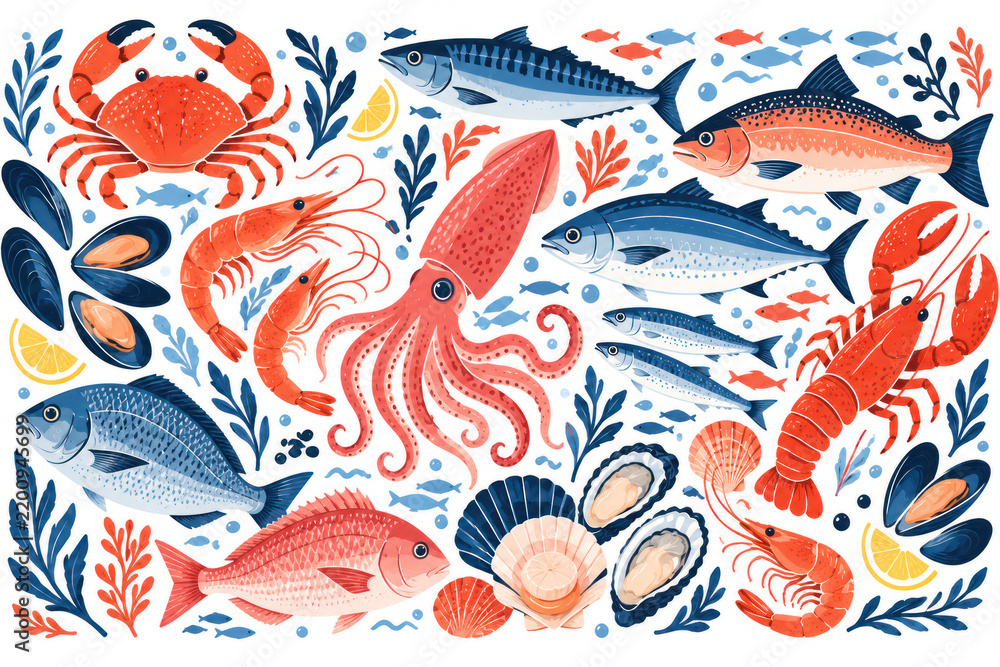 Obraz premium Colorful Seafood Pattern with Fish Shrimp Crab Lobster and Shellfish