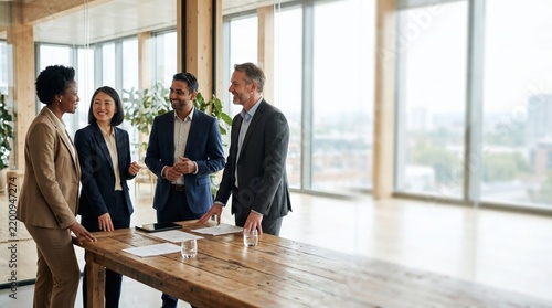 Diverse business colleagues having discussion around desk in office. Corporate partners in formal suits collaborating in sunlit boardroom. Professional business people. Banner, copy space.