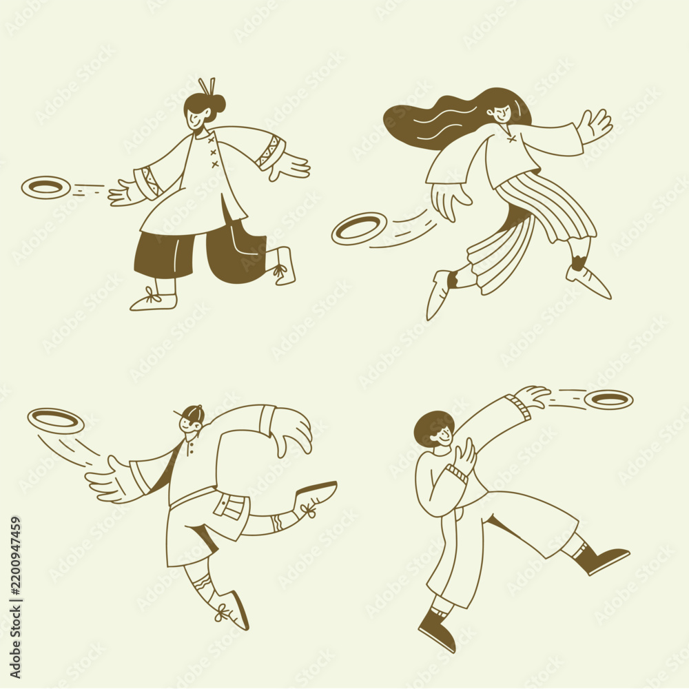 Obraz premium Cute People Playing Frisbee Outdoor with Dynamic Tossing and Catching Activity Illustration