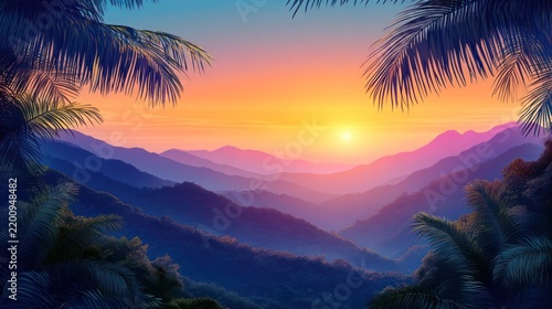 Tropical sunset mountain vista, palm leaves framed