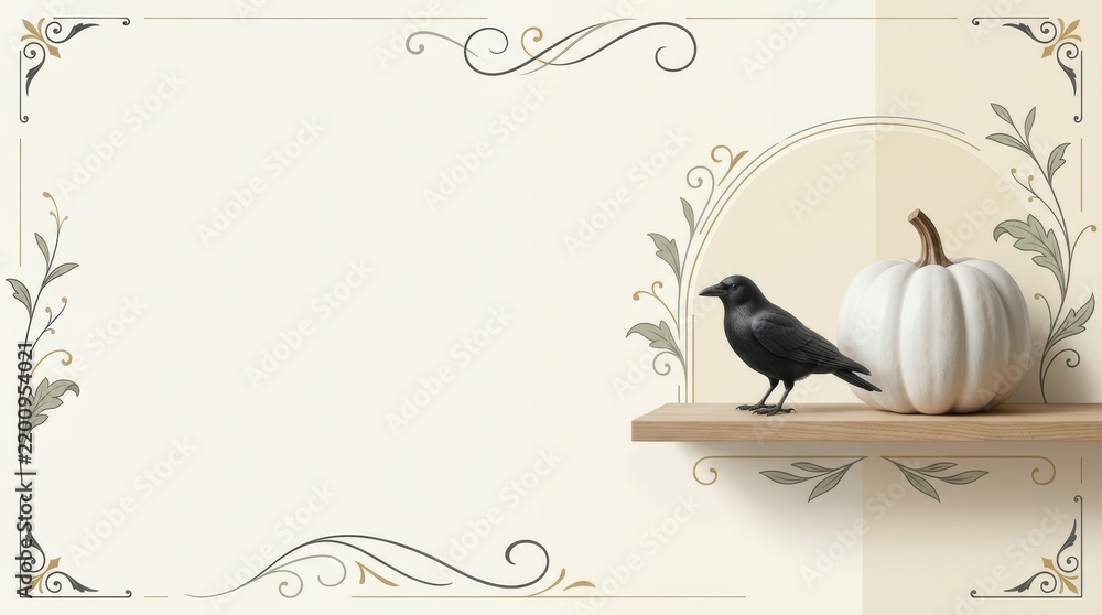 Obraz premium Minimalist Halloween Hero Banner with Photorealistic White Pumpkin and Black Crow on Wooden Shelf, Contemporary Victorian Flourish Border and Large Advertising Copy Space