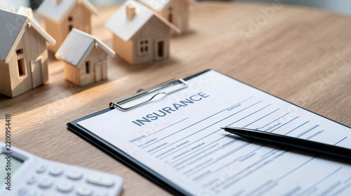 Home Insurance Document: A close-up shot of an insurance document for a home, placed on a wooden desk alongside a calculator and miniature house models, symbolizing protection and security.