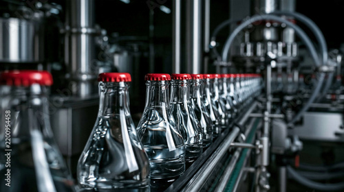 Bottling Line Production: A clean and efficient bottling line showcases a series of clear glass bottles with red caps, neatly arranged on a conveyor belt in a modern production facility.