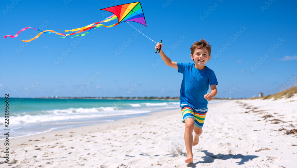 Obraz premium Happy young boy running with a colorful kite on a white sand beach. Cheerful child enjoying summer vacation by the ocean. Outdoor play and freedom concept