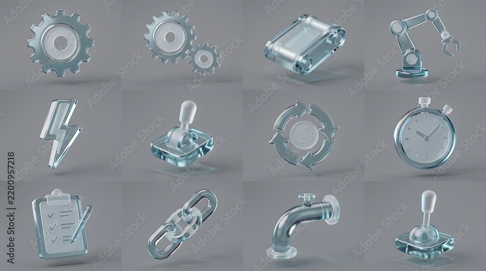 Fototapeta premium Glass Render Sheet Of Tech Industry Icons Set