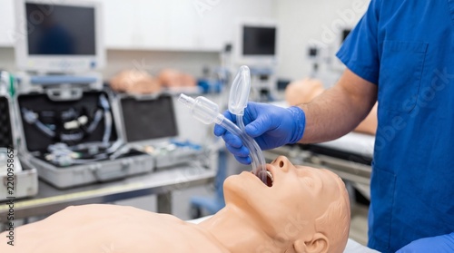 Medical trainee in blue scrubs performing endotracheal intubation on simulation mannequin. Paramedic practicing emergency airway management technique in clinical lab. Banner, copy space.