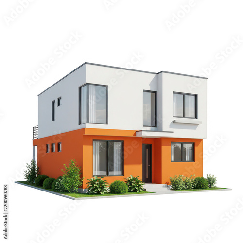 A modern two-story house with orange and white exterior isolated on transparent background