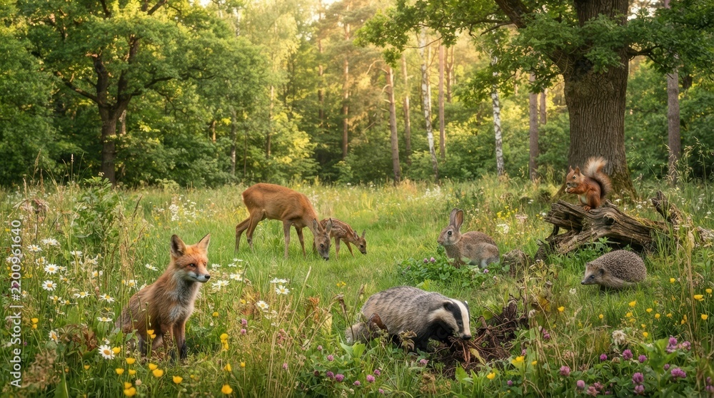 Obraz premium A Wildlife Gathering in the Forest: A fox, a deer, a badger, a squirrel, and a rabbit coexist peacefully in a sun-dappled forest clearing, highlighting the harmony of nature.