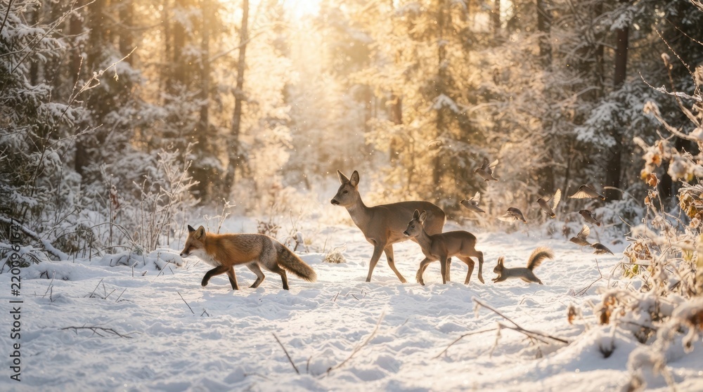 Fototapeta premium Winter Wonderland Encounter: A fox, a deer, and a fawn traverse a snow-covered forest path, bathed in the warm, ethereal light of a winter sunrise.