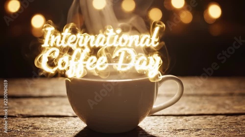 International Coffee Day concept with steaming hot cup on wooden table and bokeh lights background