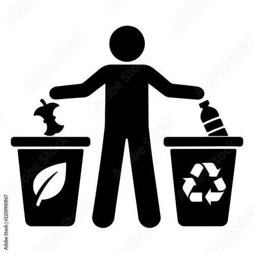 Minimalist black and white waste separation signage pictogram depicting two clearly differentiated garbage bins