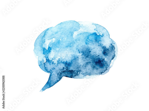 Abstract Blue Speech Bubble: A watercolor illustration depicts a whimsical blue speech bubble, its ethereal form suggesting thoughts, ideas, or communication.