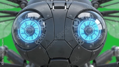 Robotic insect with glowing blue eyes and translucent wings on green screen