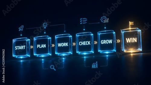 Start Plan Work Check Grow Win Business Process Steps On Neon Cubes