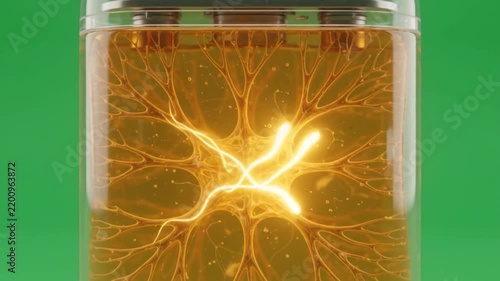 Transparent battery glowing amber neural network on green screen