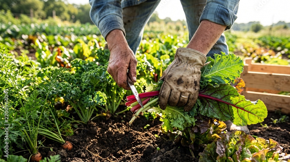 Fototapeta premium Farmer using knife to harvest fresh red Swiss chard leaves in vegetable garden