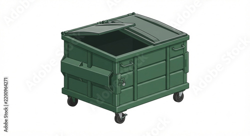 Green industrial dumpster vector with wheels and open lid