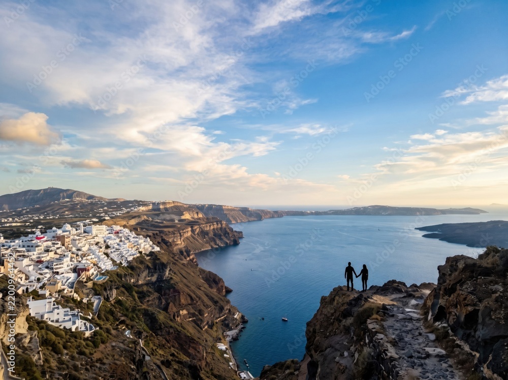 Fototapeta premium A cinematic vertical shot capturing two tiny silhouettes standing on a Santorini cliff during a golden sunrise overlooking the vast Aegean Sea and white miniature architecture.
