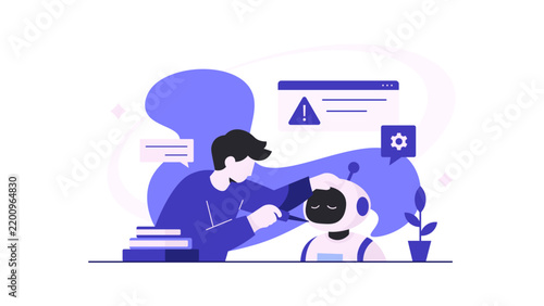 Man working with a robot assistant showing gear and warning icons, representing technical troubleshooting