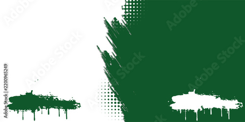 Abstract grunge green brush stroke background template with halftone dots and paint drips for poster, banner layout, or sports backdrop