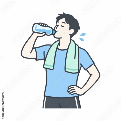 Naklejka 首にタオルをかけてペットボトルの水を飲む男性、運動後の水分補給と休憩のイメージ