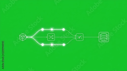 Data lineage workflow animation with data flow through processing nodes and database storage