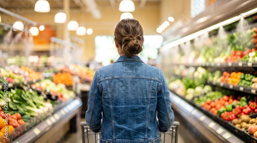 Woman walking with grocery cart through fresh produce aisle inside supermarket store.