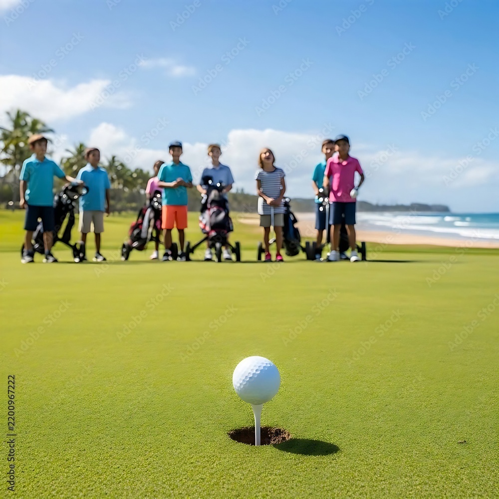 Obraz premium a golf club striking a white golf ball on a tee, with children walking in the warm sunny background.