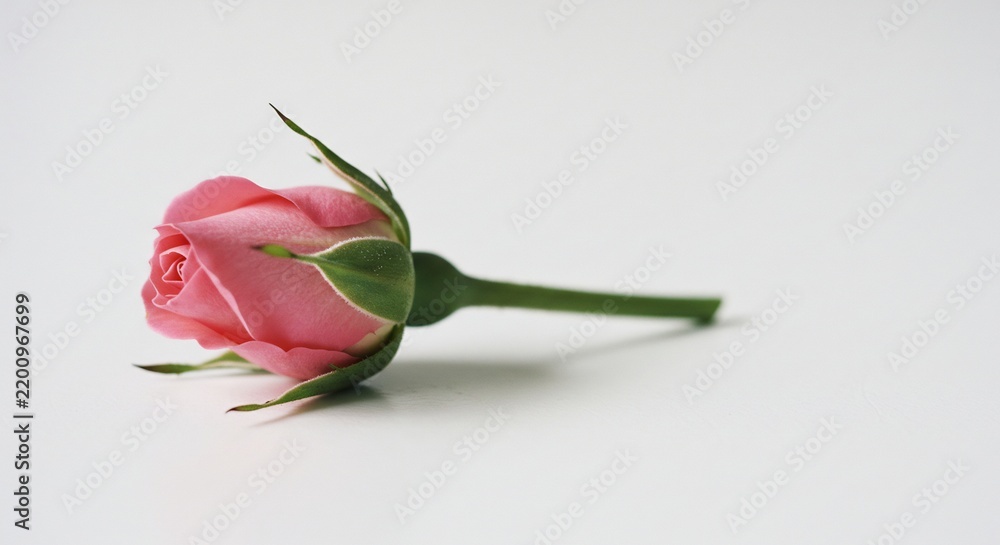 Fototapeta premium Delicate Pink Rose Bud: A single, unopened pink rose bud with green sepals rests on a clean surface, symbolizing new beginnings and fragile beauty.