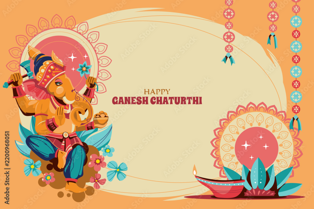Fototapeta premium Happy Ganesh Chaturthi Festival Background with Lord Ganesha and Decorative Indian Elements
