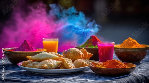 A festive spread of Indian sweets and colorful powders, possibly for the festival of Holi, with drinks in the background