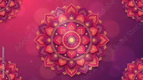 Layered floral mandala in pink purple and gold on festive background for durga puja navratri diwali and traditional indian hindu festival celebrations