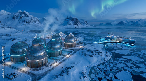 Futuristic Energy Plant with Glowing Domes in Arctic Snow Landscape with Aurora Borealis and Icebreaker Ship on Frozen Sea