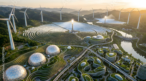 Futuristic Eco City with Renewable Energy Wind Turbines Solar Panels and Geodesic Domes at Sunset